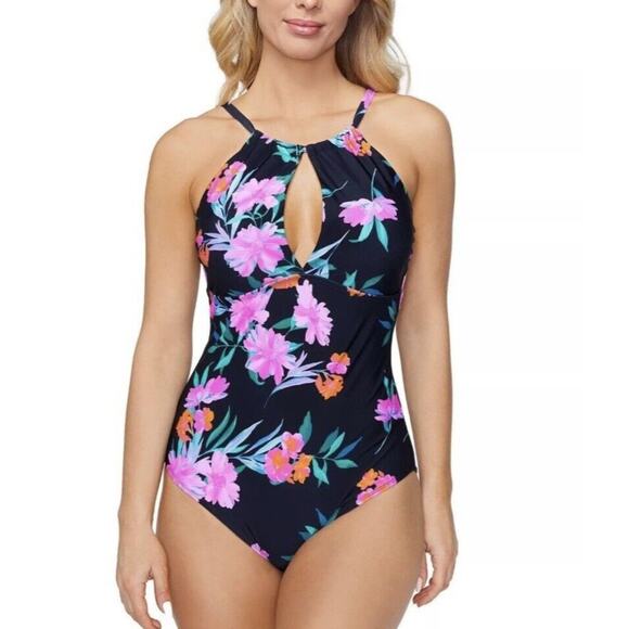 Island Escape One-Piece Black Floral Adjustable Swimsuit Size 10 New - Picture 1 of 11